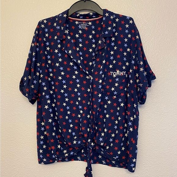 Tommy Hilfiger USA red white blue star American patriotic button up tie front XL - Picture 1 of 7